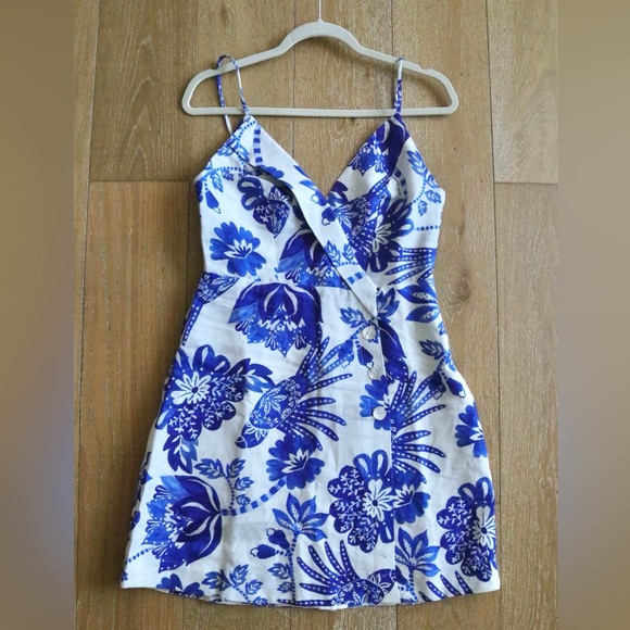 NWT Farm Rio Blue & White Linen Floral Birds Dress Size Small - Picture 5 of 11